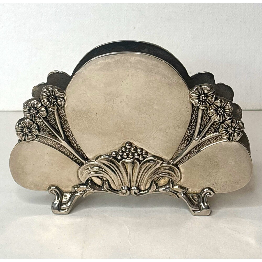 Vintage Art Nouveau Silver Plated Napkin Holder Ornate Floral Berry Letter Stand
